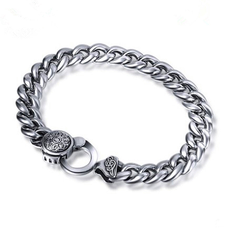 S925 silver Korean style men's flat ring elastic buckle bracelet sterling silver retro trendy male personality six-character mantra glossy bracelet