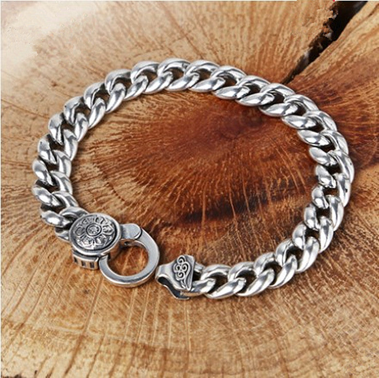 S925 silver Korean style men's flat ring elastic buckle bracelet sterling silver retro trendy male personality six-character mantra glossy bracelet