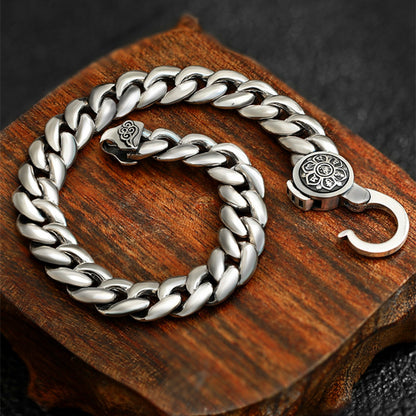 S925 silver Korean style men's flat ring elastic buckle bracelet sterling silver retro trendy male personality six-character mantra glossy bracelet