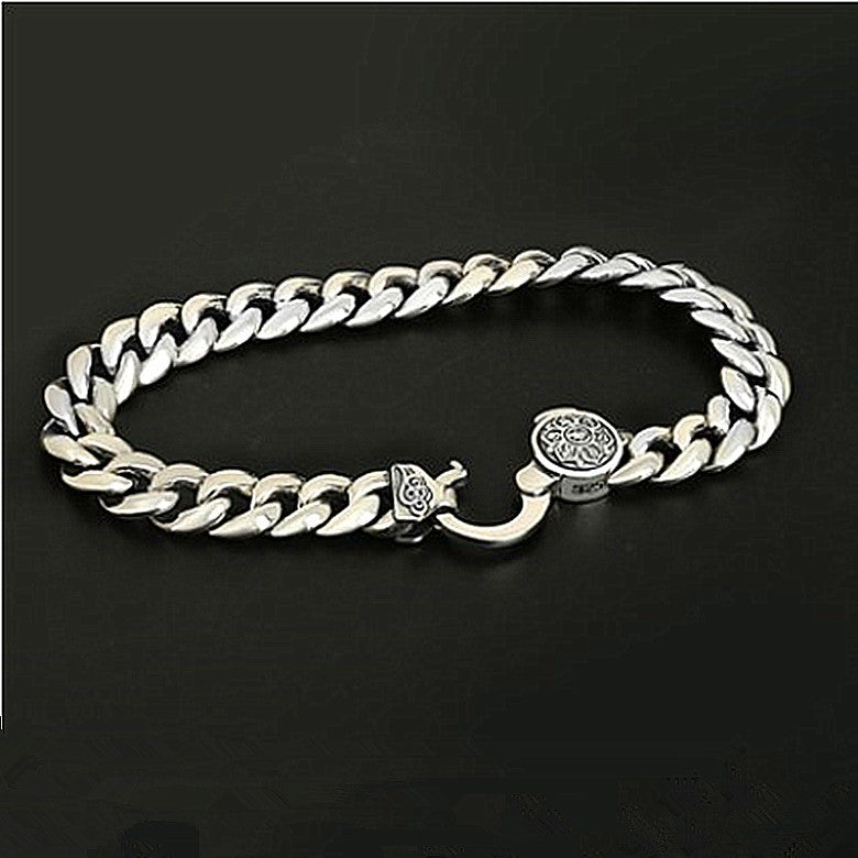 S925 silver Korean style men's flat ring elastic buckle bracelet sterling silver retro trendy male personality six-character mantra glossy bracelet