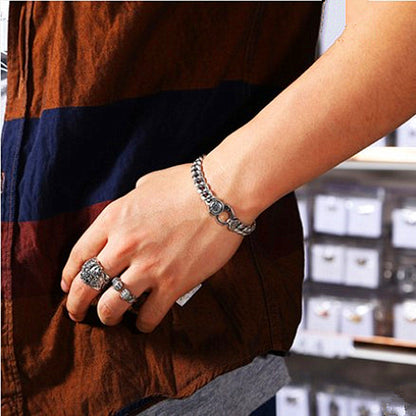 S925 silver Korean style men's flat ring elastic buckle bracelet sterling silver retro trendy male personality six-character mantra glossy bracelet