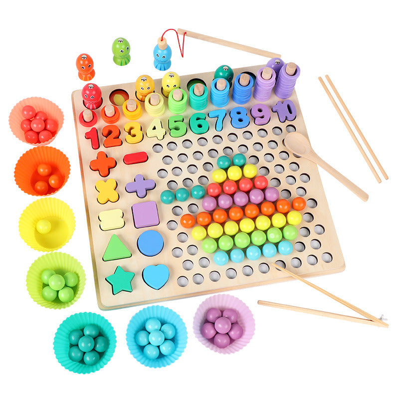 Children's wooden 13-in-1 bead fishing logarithm board multifunctional shape number cognitive early education educational toy