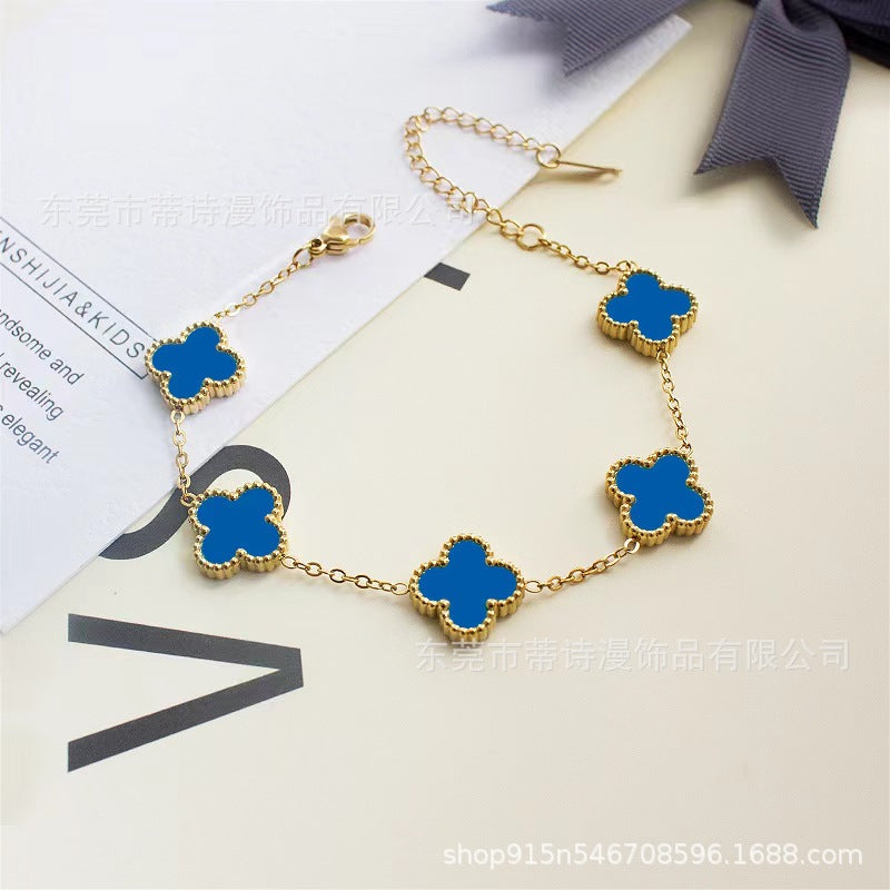 Manufacturer wholesale Internet celebrity five-flowered shell double-sided four-leaf clover bracelet mother-of-pearl good luck four-leaf clover titanium steel bracelet hand ornaments