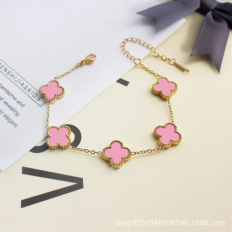 Manufacturer wholesale Internet celebrity five-flowered shell double-sided four-leaf clover bracelet mother-of-pearl good luck four-leaf clover titanium steel bracelet hand ornaments