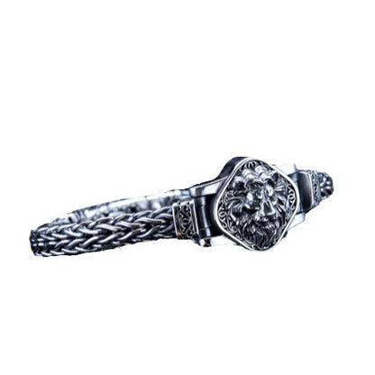 S925 sterling silver retro hand-woven domineering lion personality bracelet for men and women, ethnic style couple, national fashion silver jewelry