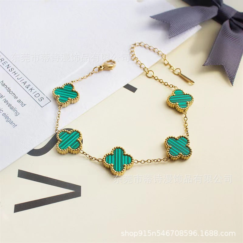 Manufacturer wholesale Internet celebrity five-flowered shell double-sided four-leaf clover bracelet mother-of-pearl good luck four-leaf clover titanium steel bracelet hand ornaments