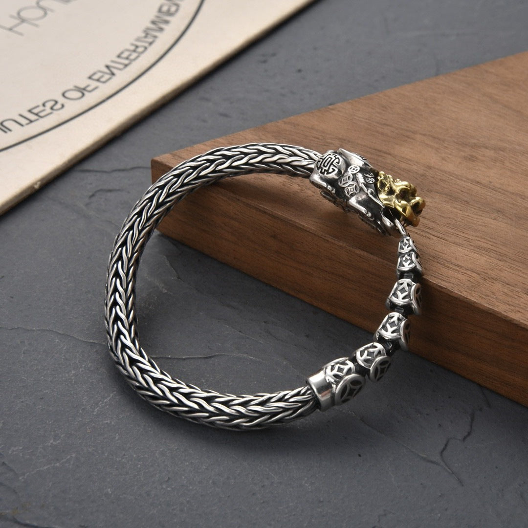 Wholesale sterling silver Pixiu bracelet for men, hand-woven, national trend, transfer, niche personality, female couple