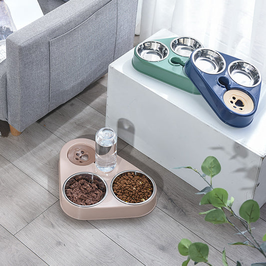 Stainless steel three-color cat bowl, automatic drinking water bowl, three-bowl integrated pet food bowl, cross-border popular cat bowl, factory direct sale