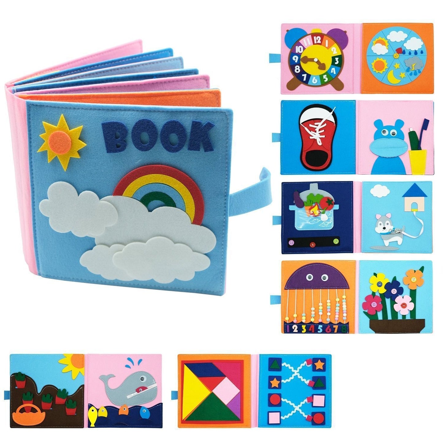 Felt cloth book three-dimensional early education book kindergarten rainbow Montessori children's teaching aids washable busy board quiet cloth book