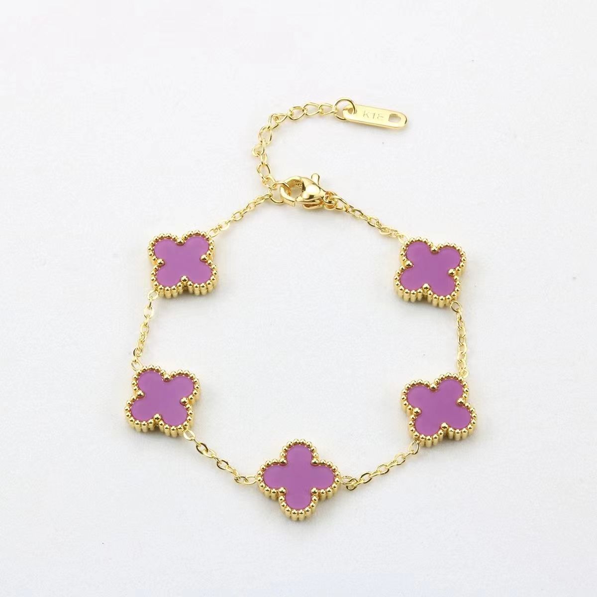 Manufacturer wholesale Internet celebrity five-flowered shell double-sided four-leaf clover bracelet mother-of-pearl good luck four-leaf clover titanium steel bracelet hand ornaments