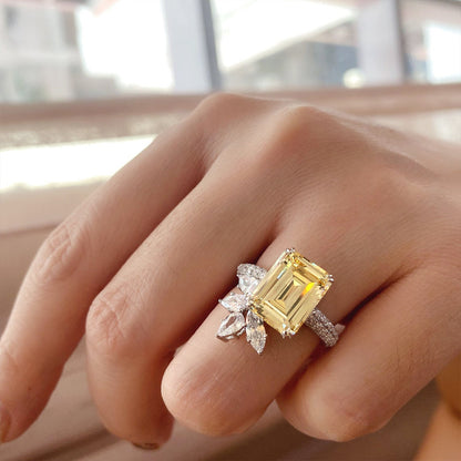 Cao Shi's temperament princess-cut diamond and zircon ring, retro yellow diamond flower ring for women, super flash fashion lace ring