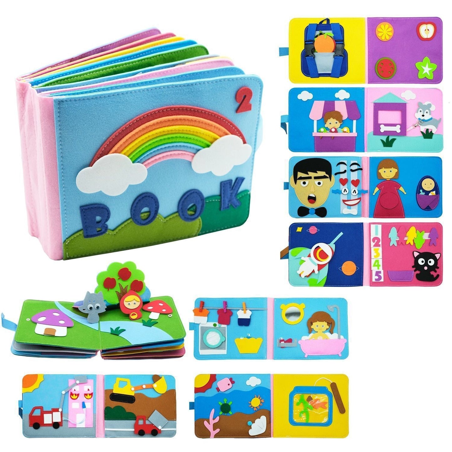 Felt cloth book three-dimensional early education book kindergarten rainbow Montessori children's teaching aids washable busy board quiet cloth book