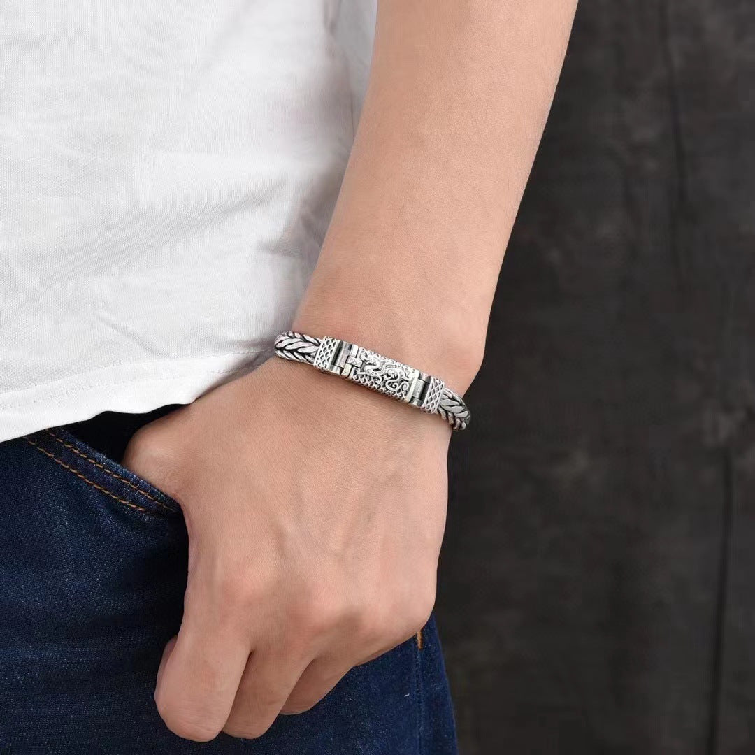 National style dragon pattern bracelet S925 sterling silver ornaments trendy men's dragon bone bracelet personalized hand-woven zodiac dragon chain