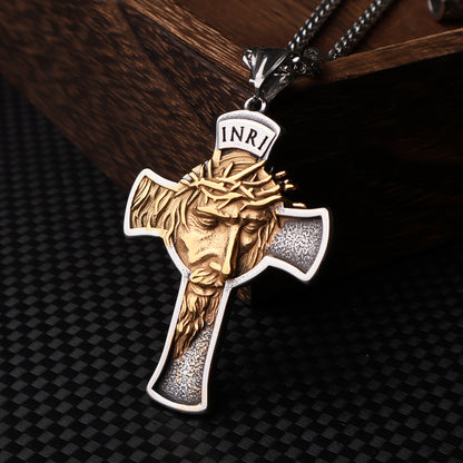 Cross-border Amazon best-selling retro style stainless steel portrait cross necklace pendant titanium steel jewelry source manufacturer