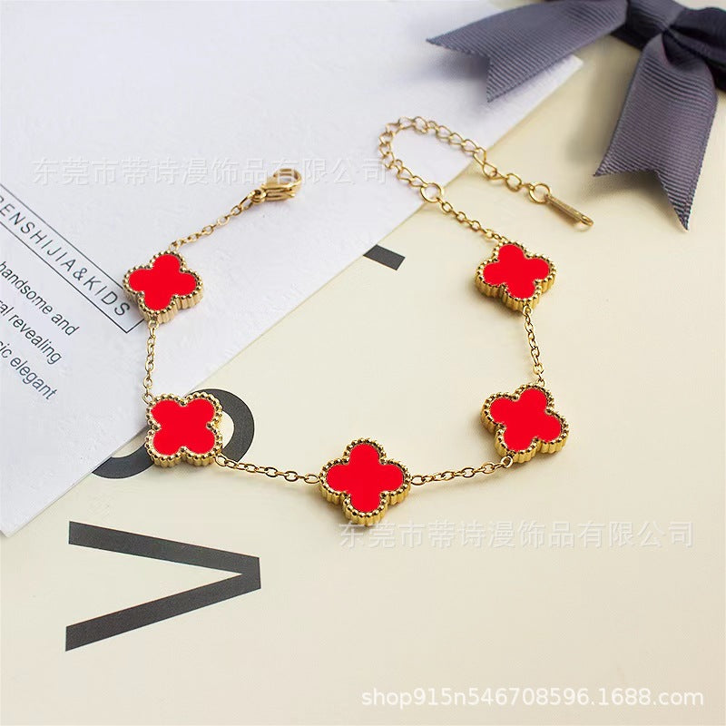 Manufacturer wholesale Internet celebrity five-flowered shell double-sided four-leaf clover bracelet mother-of-pearl good luck four-leaf clover titanium steel bracelet hand ornaments