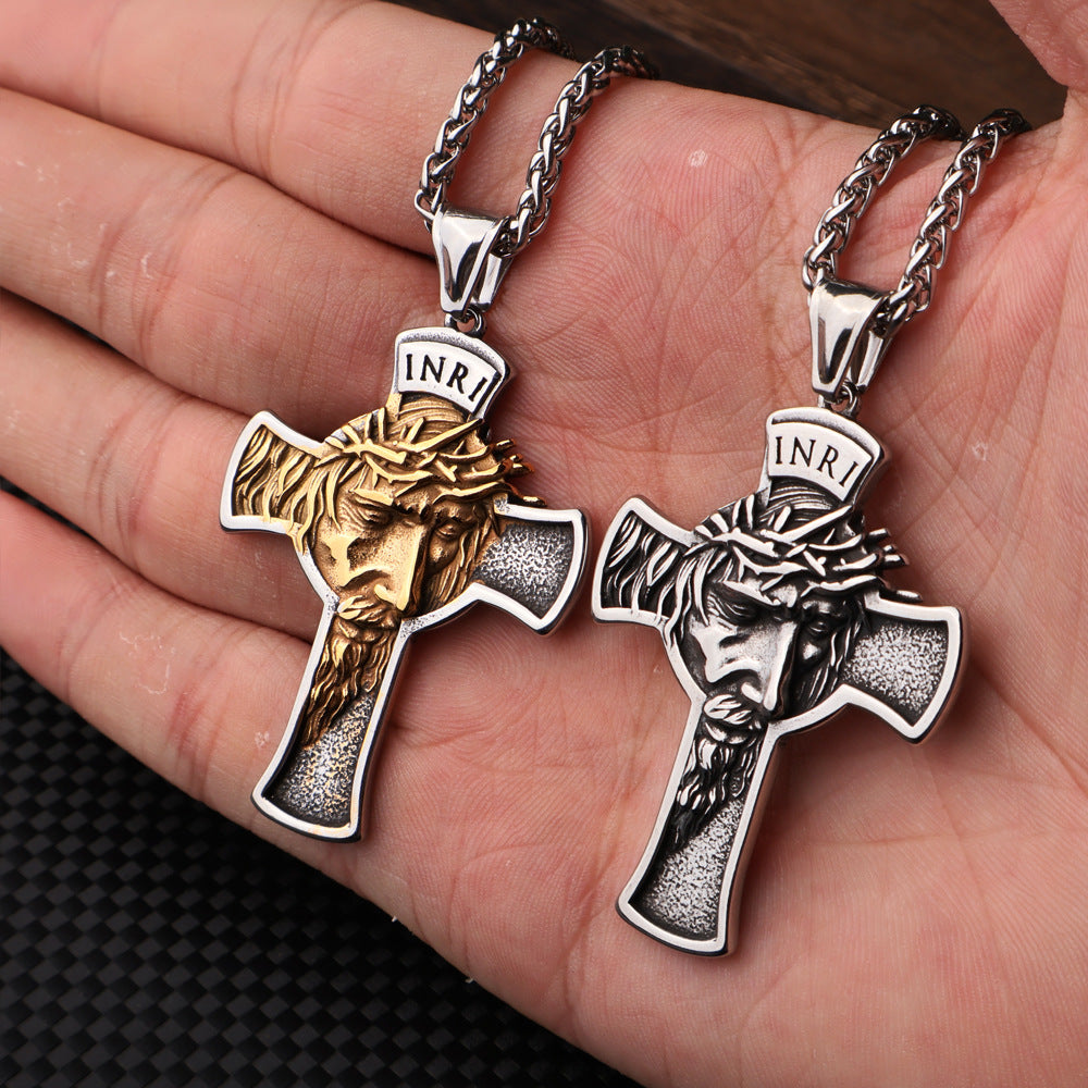 Cross-border Amazon best-selling retro style stainless steel portrait cross necklace pendant titanium steel jewelry source manufacturer