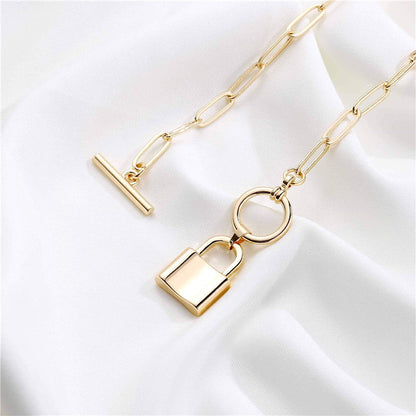 Amazon New Product Lock Pendant Paperclip Chain Necklace European and American Fashion Punk Style OT Buckle