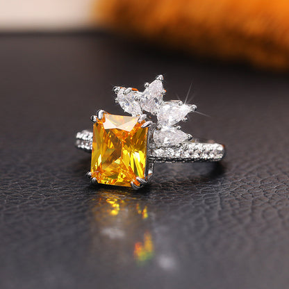 Cao Shi's temperament princess-cut diamond and zircon ring, retro yellow diamond flower ring for women, super flash fashion lace ring