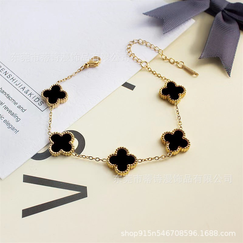 Manufacturer wholesale Internet celebrity five-flowered shell double-sided four-leaf clover bracelet mother-of-pearl good luck four-leaf clover titanium steel bracelet hand ornaments