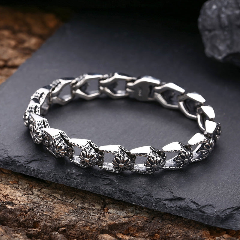 Wholesale 925 sterling silver bracelet cross flower men and women thick style Thai silver retro old fashion punk personalized jewelry