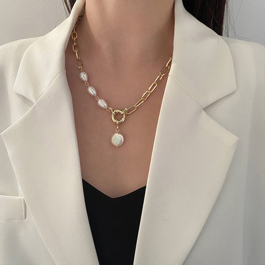 Hot selling baroque shaped pearl pendant necklace European and American cross-border women's fashion retro commuter sweater chain splicing