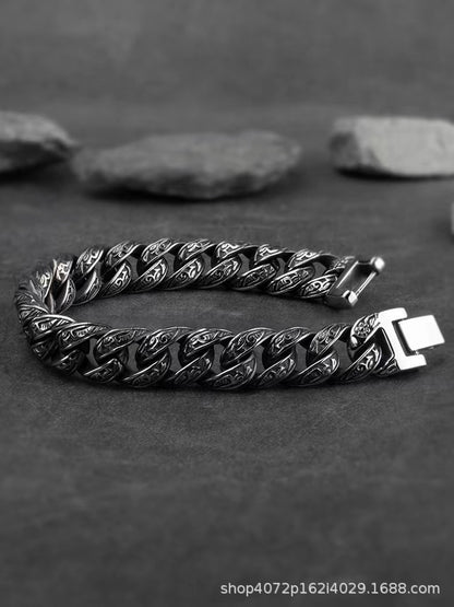 Harajuku Black Retro Carved Bracelet Men's European and American Trendy Student Street Titanium Steel Simple Cold Style Cuban Chain Jewelry