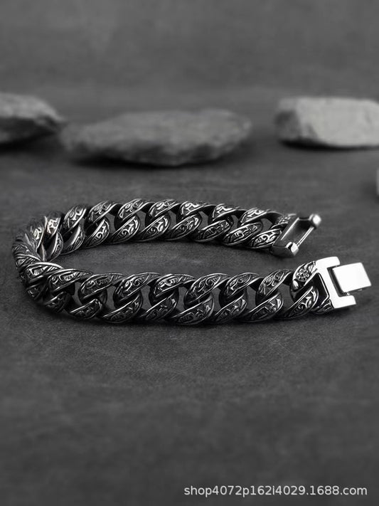 Harajuku Black Retro Carved Bracelet Men's European and American Trendy Student Street Titanium Steel Simple Cold Style Cuban Chain Jewelry