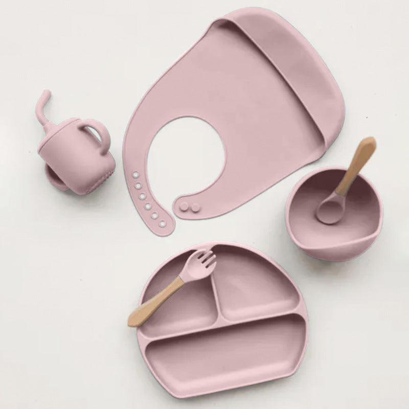 Cross-border food-grade children's silicone tableware suction cup type anti-fall partitioned baby feeding tableware six-piece set