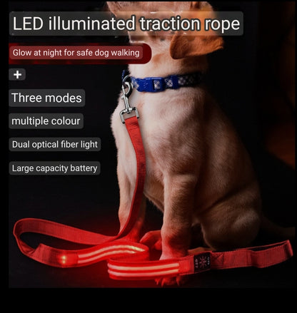 Amazon's popular LED dual fiber optic traction rope usb charging luminous traction belt pet quick release flash dog leash