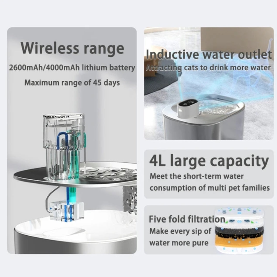 Pet Water Fountain Wireless Unplugged Cat Water Fountain Smart Cycle Dog Water Feeder Stainless Steel Water Fountain